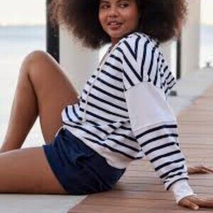 Aerie Restart Quarter Zip Hoodie Large Striped Soft Coastal Navy ** Sz L